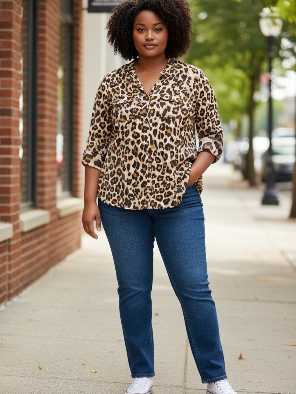 NEW Cocomo 1X Brown & Beige Animal Print Top Blouse Stretchy Polyester & Spandex